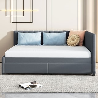 L-Shaped Backrest Daybed Upholstered Daybed Frame Classic Wood Slats Design with 2 Storage Drawers or Trundle, Full Size