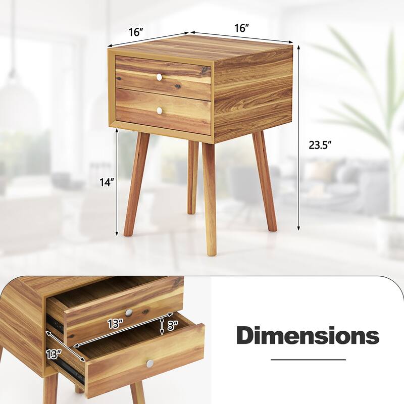 Gymax 2PCS Wooden Nightstand Mid-Century End Side Table W/2 Storage