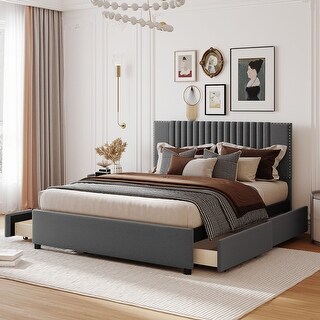 Queen Size Upholstered Platform Bed with Classic Headboard and 4 Drawers, Linen Fabric