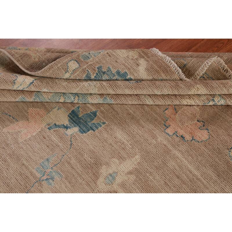 Hand Knotted Oriental 100% Wool Carpet Transitional All-Over Brown Oushak Area Rug - 12' 11'' X 9' 4''