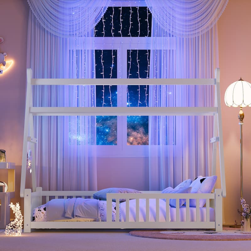 Twin Size Low House Tent Bed with Removable Roof Convertible Floor Bed with Fence, No Door for Kids Boys Girls