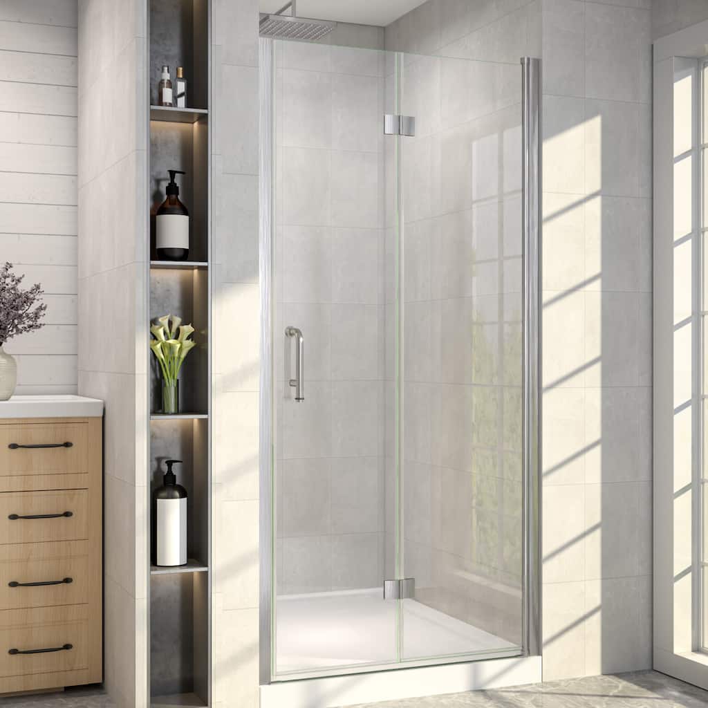 36 in. W x 72 in. H Pivot Folding Shower Door Semi-Frameless with 1/4" Clear Tempered Glass Reversible Installation