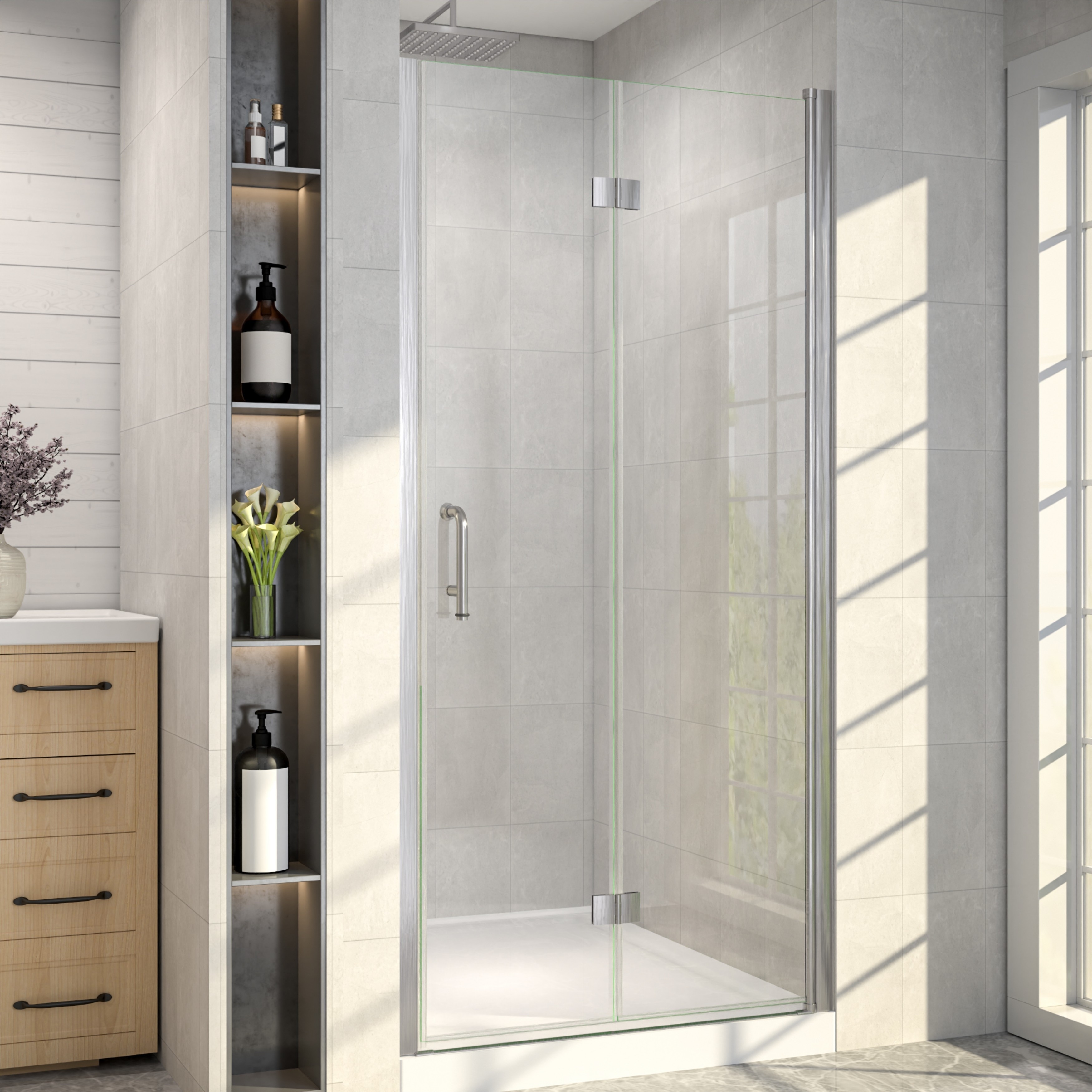 36 in. W x 72 in. H Pivot Folding Shower Door Semi-Frameless with 1/4" Clear Tempered Glass Reversible Installation