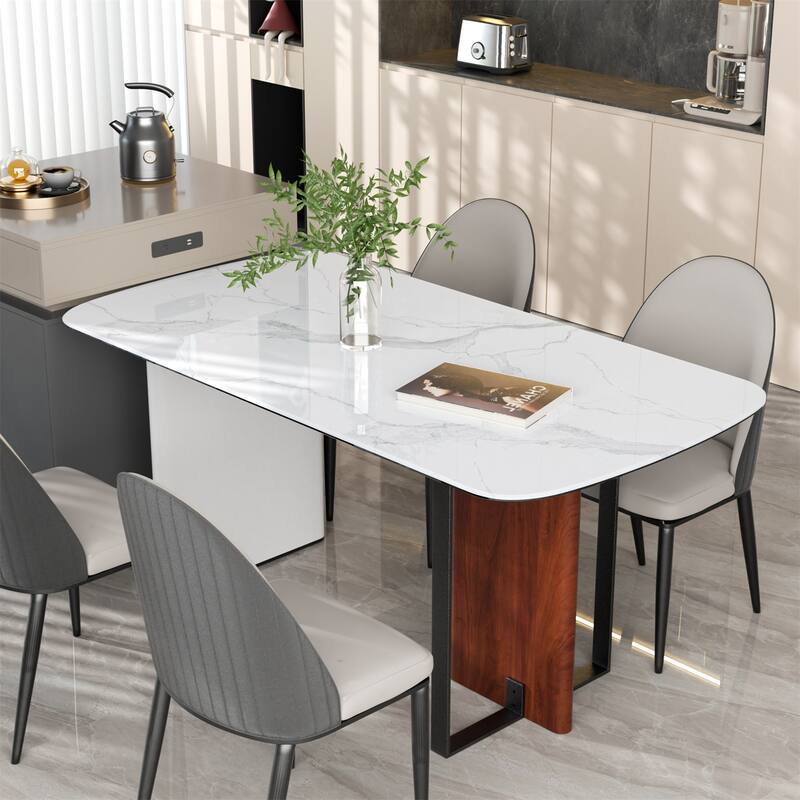 63" Dining Table Long Rectangular Kitchen Table with Sintered Stone Tempered Glass-top