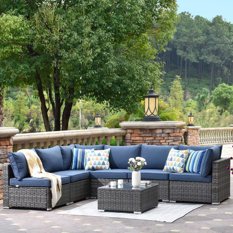 OVIOS Deep Seat Wicker 7-piece Sectional Set - Denim Blue
