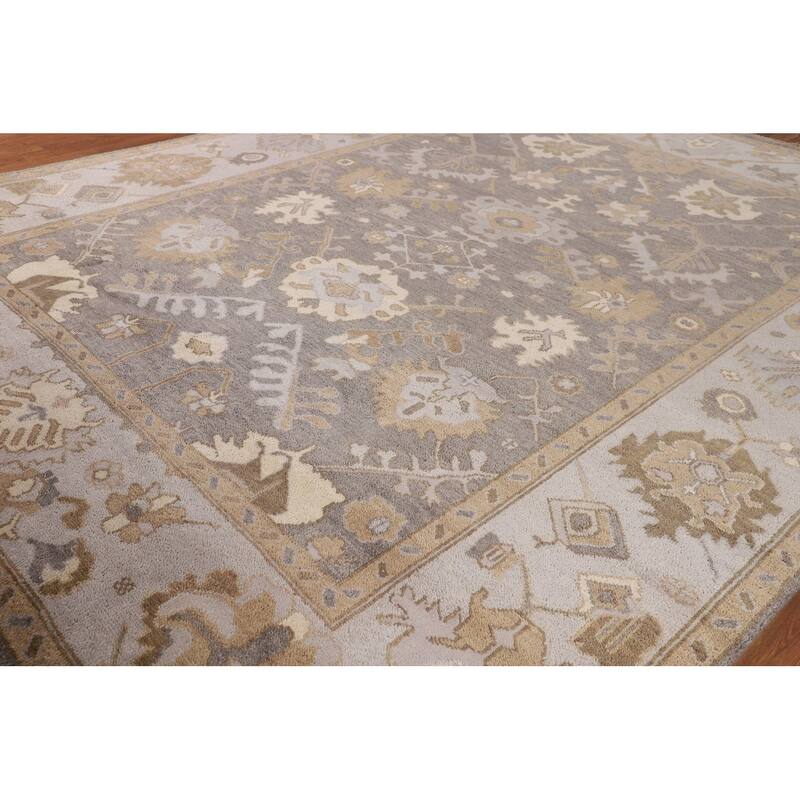Gray Oushak Indian Area Rug Hand-Knotted Floral Wool Carpet - 9'3"x 11'7"