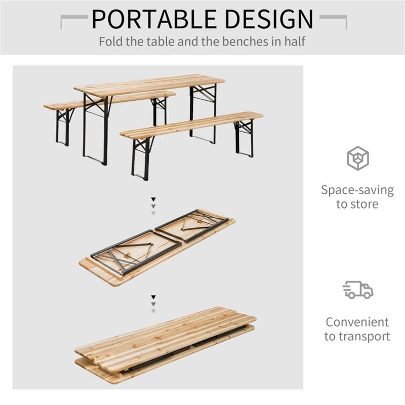 Folding Picnic Table and Bench Set Solid Wood Tabletop Steel Frame Portable Outdoor Patio Garden - 71"L x 10"W x 18"H
