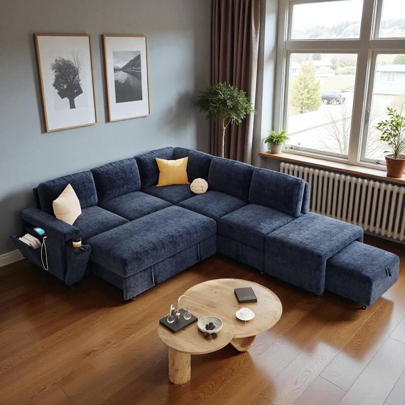 L-Shaped Modular Sofa with Storage Space USB Ports and Cup Holders Padded Sectional Couch for Living Room Office Apartment - Blue