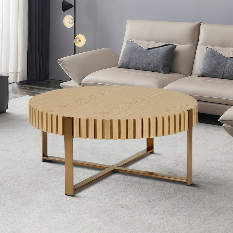 Vintage Stylish Wooden Round Coffee Table with Stainless Steel Legs - Natural Ash+Gold