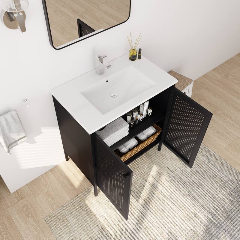 30-Inch Modern Freestanding Bathroom Vanity with Ceramic Sink, Cold-Rolled Steel Frame, Adjustable Shelves - 30in L Steel