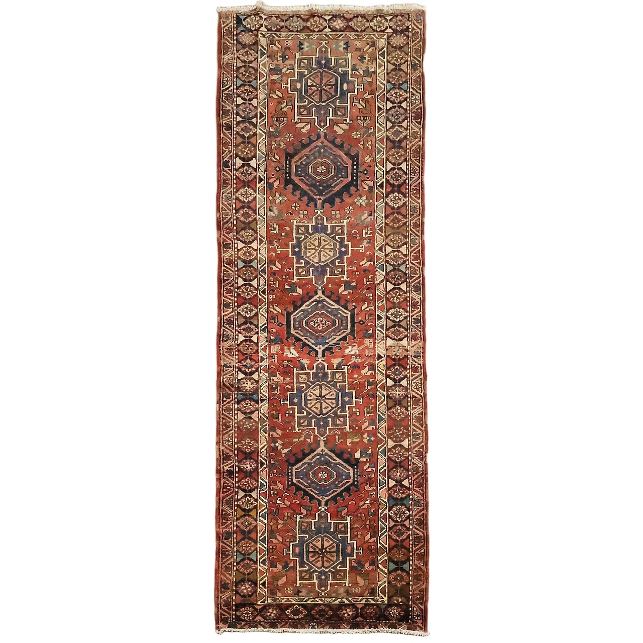 Hand Knotted Oriental Wool Traditional Tribal Red Gharajeh Runner Rug - 10' 10'' X 3' 10''