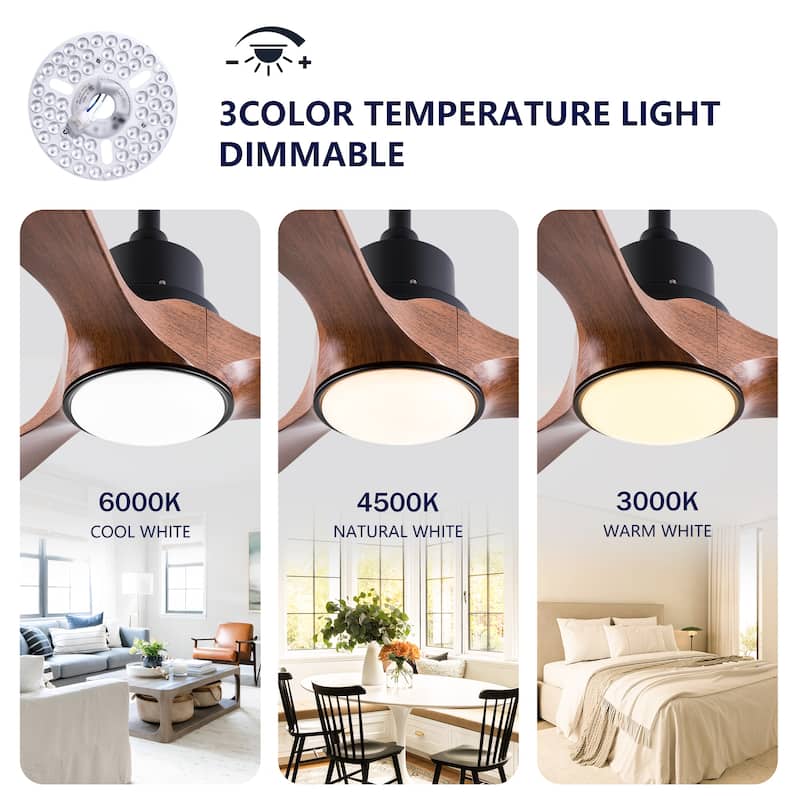 52 Inch Modern Ceiling Fan With 3 Color Dimmable 3 ABS Blades Remote Control Reversible DC Motor With Led Light