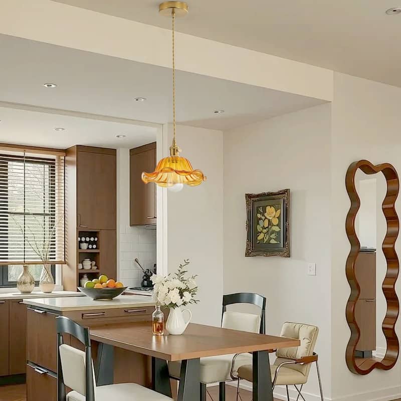 Modern 1Light Pendant with Amber Glass Shade and Brass Finish