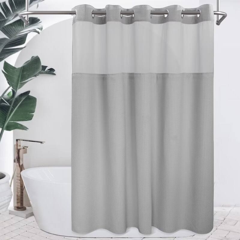 Cotton Blend Honeycomb Waffle Weave Shower Curtain with Snap-in Liner