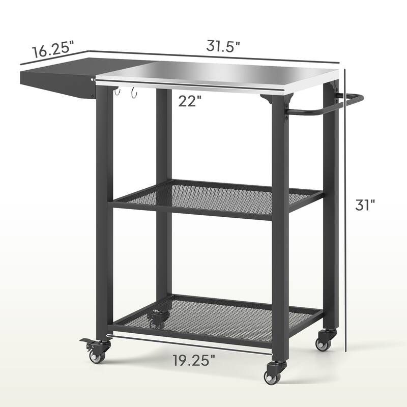 GDFStudio Outdoor Aleron Stainless Steel Three-Shelf Outdoor Grill Cart Table with Hooks