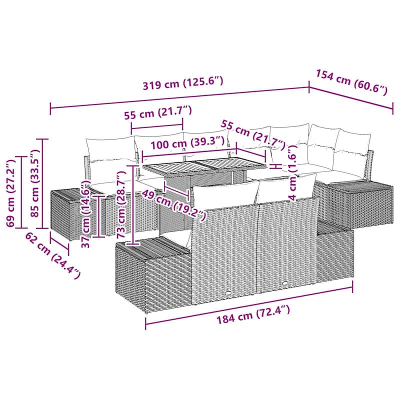vidaXL 9 Garden Sofa Set with Cushions Black/Grey Poly Rattan - 125.6 x 60.6 x 27.2