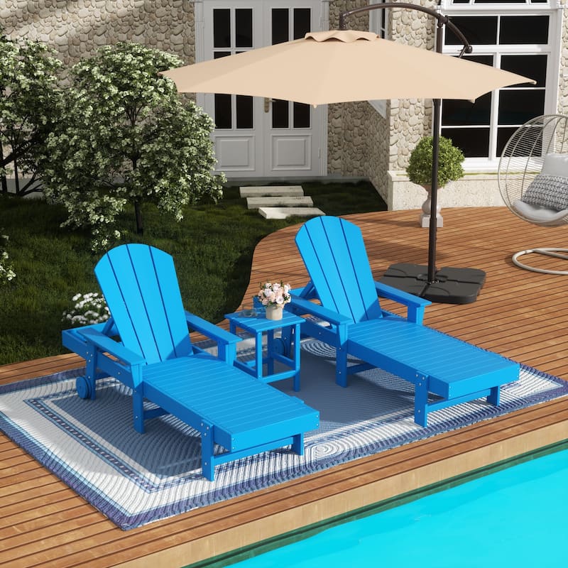 Polytrends Laguna Hdpe All Weather Outdoor Patio Pool Reclining Chaise Lounges With Side Table (3-Piece Set) - Pacific Blue