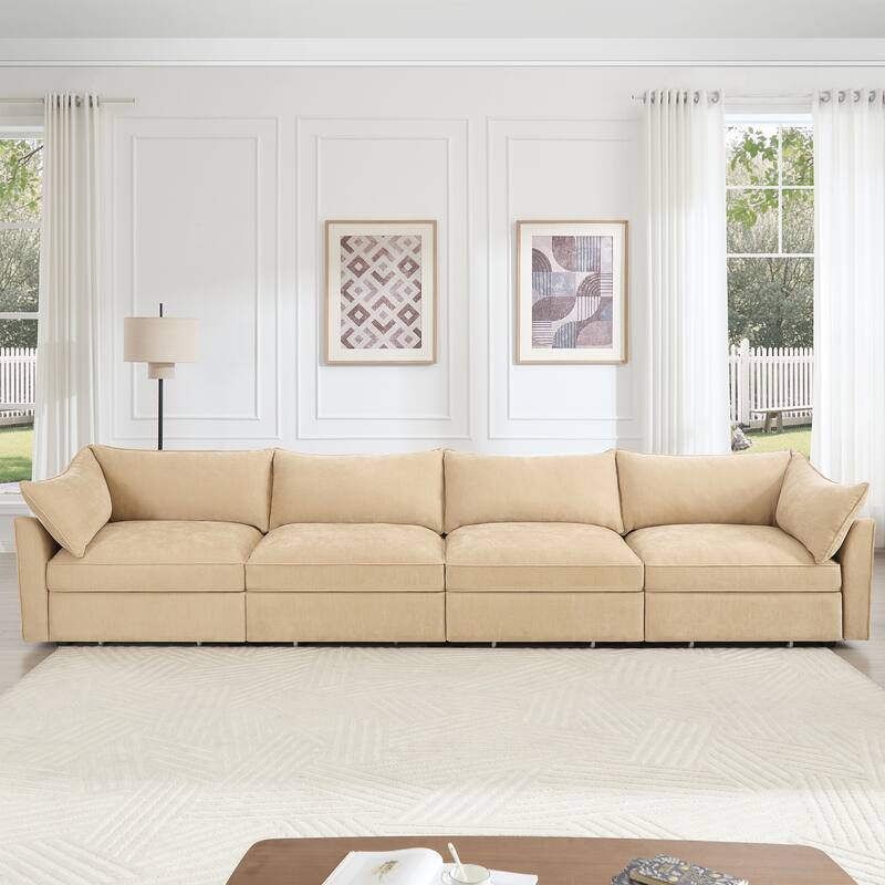 Super Large Wide & Deep Seat 4-Seater Sofa Couch with Storage Pull Out Drawer Under Each Seat - Wheat