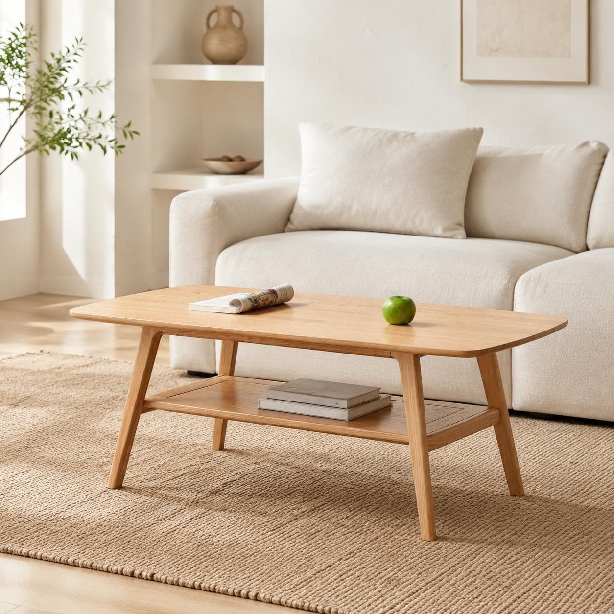 Javlergo Solid Oak Coffee Table with Storage Shelf Natural Wood Center Table for Living Room Easy Assembly Two-Tier Design