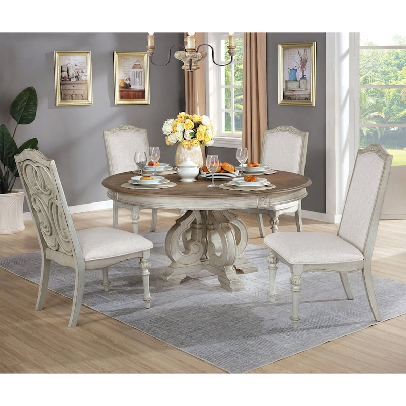 Caelum Farmhouse White Solid Wood 5-Piece Round Dining Set by The Gray Barn - Antique White