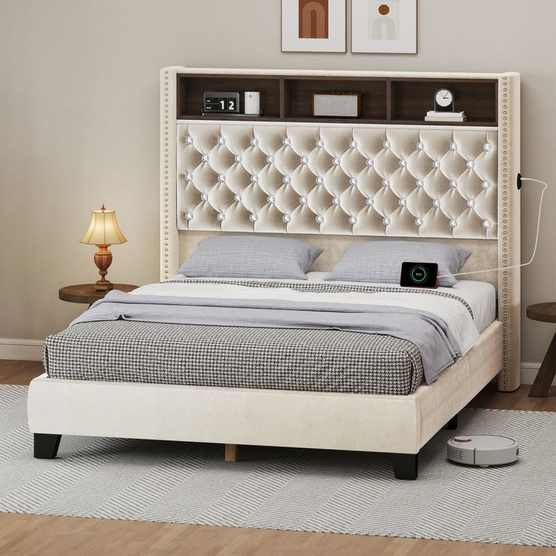 Moasis King/Queen Size Velvet Upholstered Bed Frame with Storage Headboard with USB Charging Stations