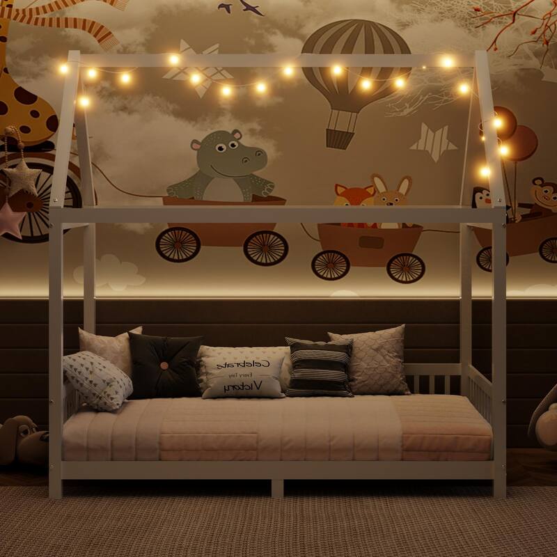 Kids Wooden Bed with Roof and Fence Style Frame, LED Lights and Full Guardrail Design