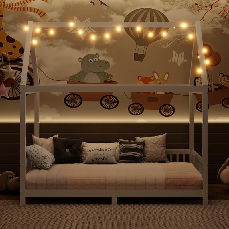 Solid Wood House Bed with Guardrail, LED, and Roof