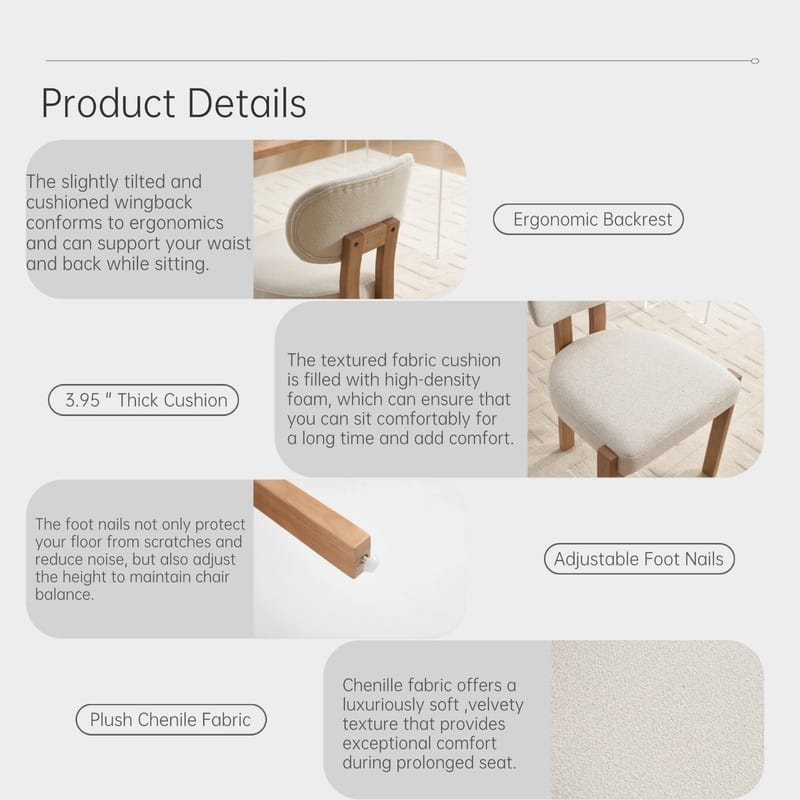 Wooden Dining Chairs Set of 2 Modern Fabric Upholstered Kitchen Chairs