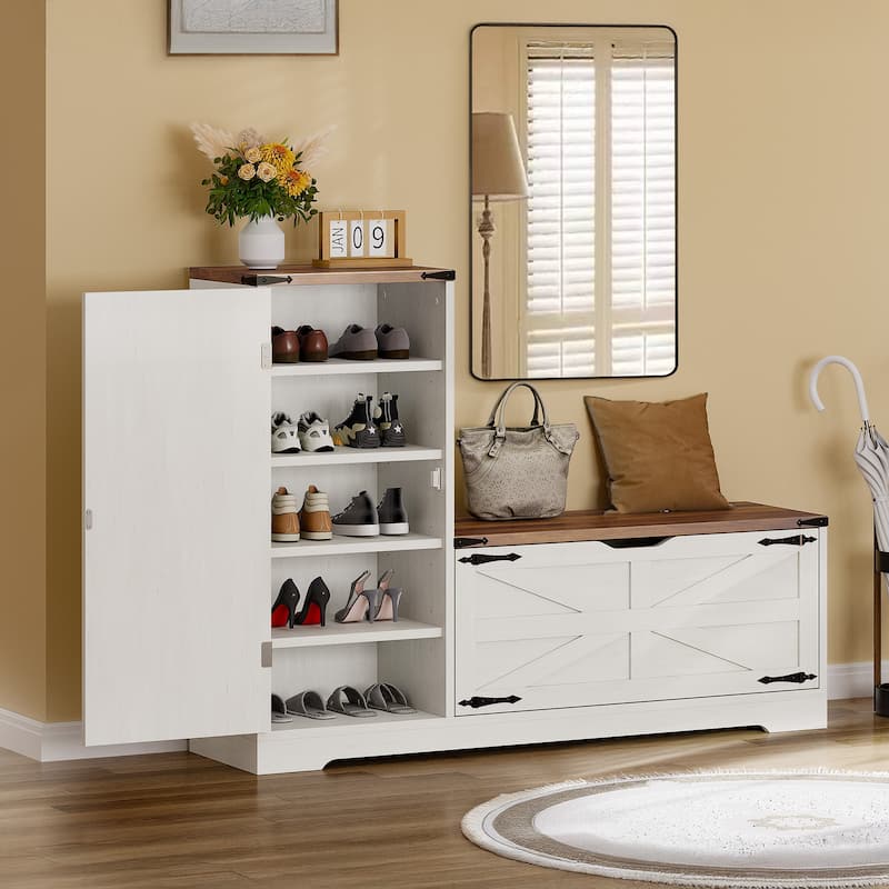 Moasis Farmhouse 5-Tier Shoe Storage Cabinet with Doors and Bench Shoes Rack for Entryway