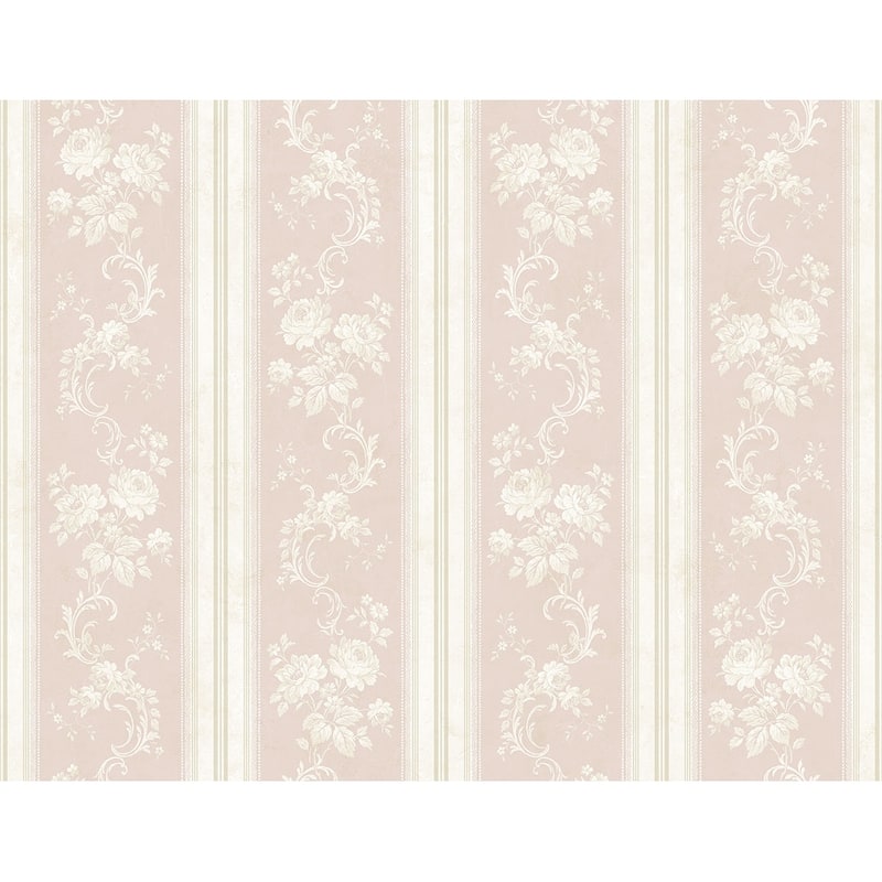Seabrook Designs Olette Floral Stripe Unpasted Wallpaper - 27 in W x 27 ft. L - Metallic Pink