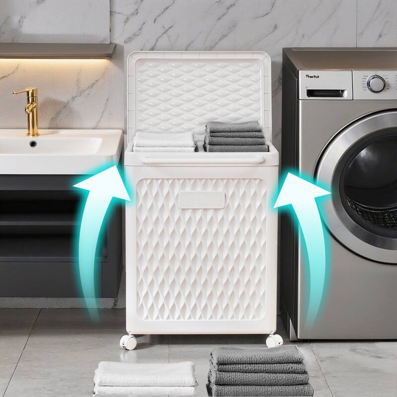 VECELO Rolling Laundry Basket L Size White Laundry Basket with Universal Wheels Handle and Lid for Laundry Room and Bathroom