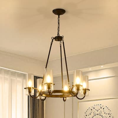Farmhouse 6 - Light Wagon Wheel Chandelier, 24.8" D, Black Metal Frame with Clear Glass Shades - Matte Black
