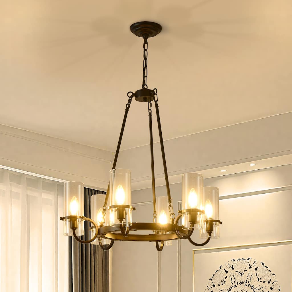 Farmhouse 6 - Light Wagon Wheel Chandelier, 24.8" D, Black Metal Frame with Clear Glass Shades - Matte Black