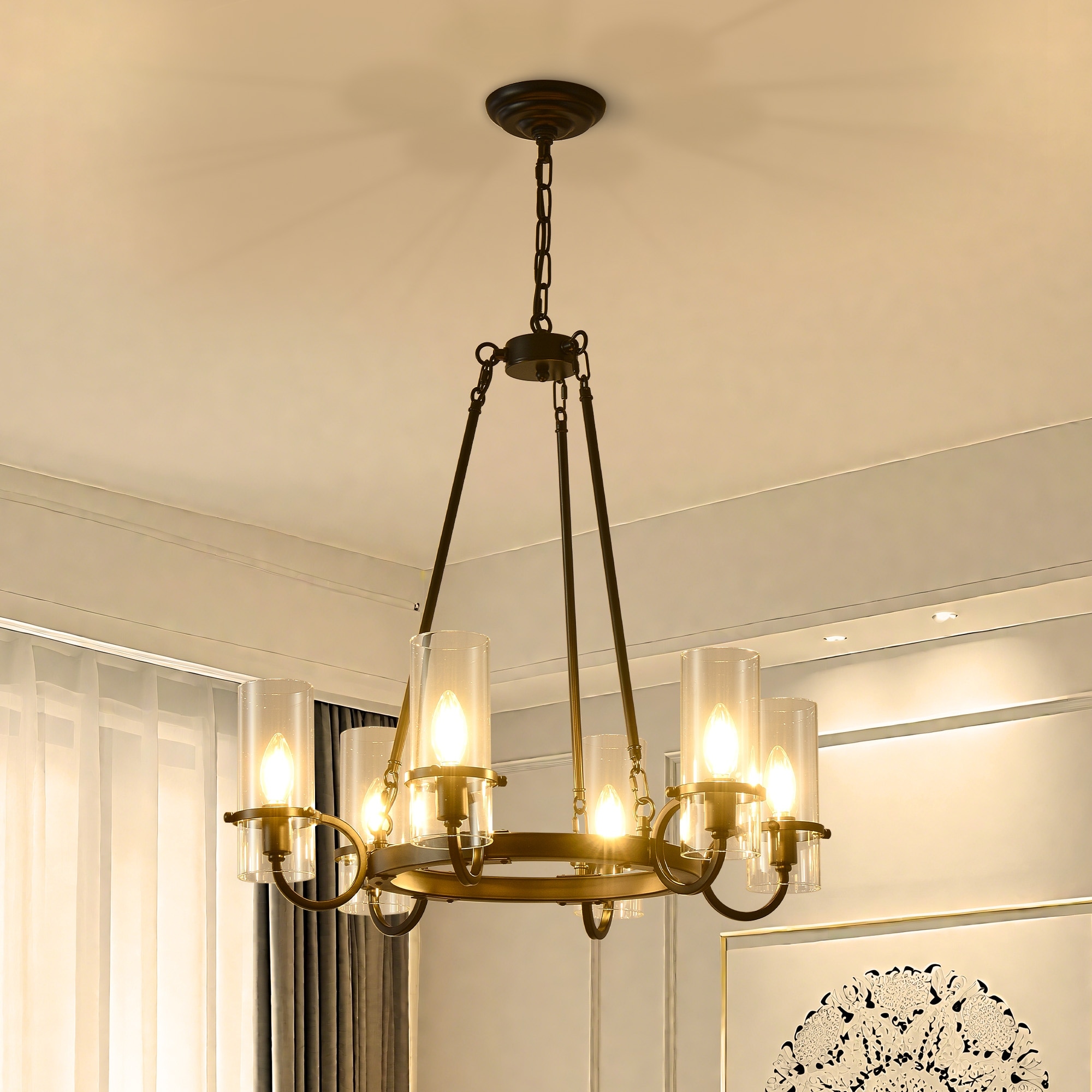 Farmhouse 6 - Light Wagon Wheel Chandelier, 24.8" D, Black Metal Frame with Clear Glass Shades - Matte Black