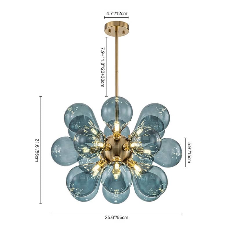 18-Light Cluster Blue Glass Bubble Chandelier - 25in Wide Gold