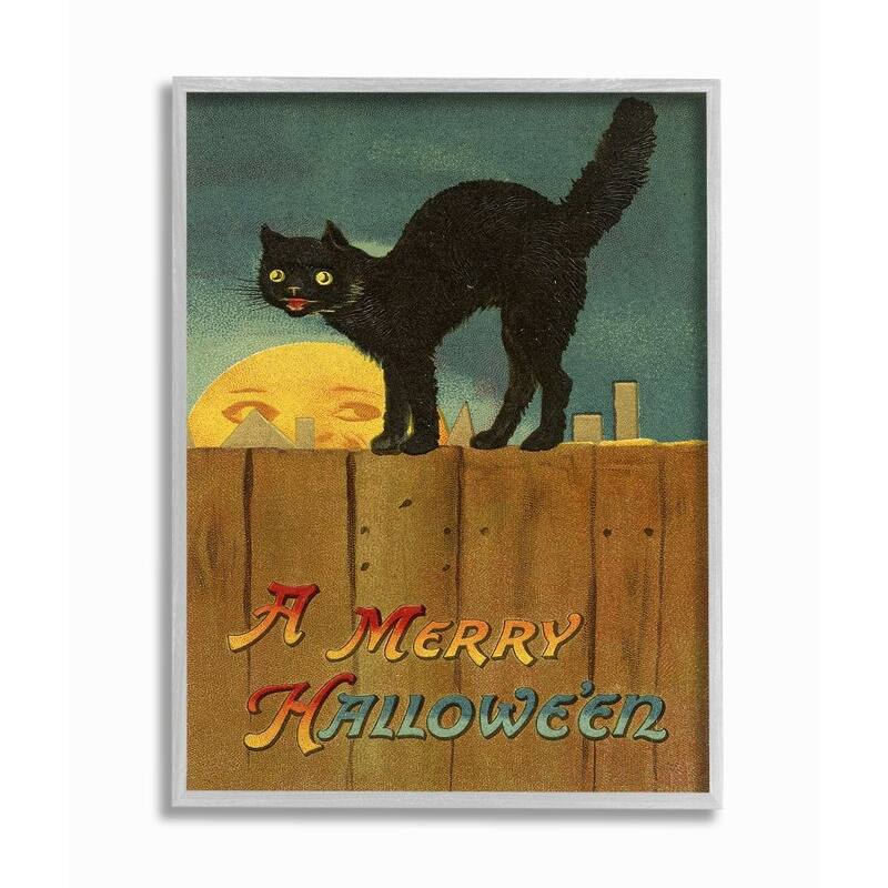 Stupell A Merry Halloween Black Cat Fence Seasonal Holiday Design Framed Wall Art - Grey Framed-16 x 20