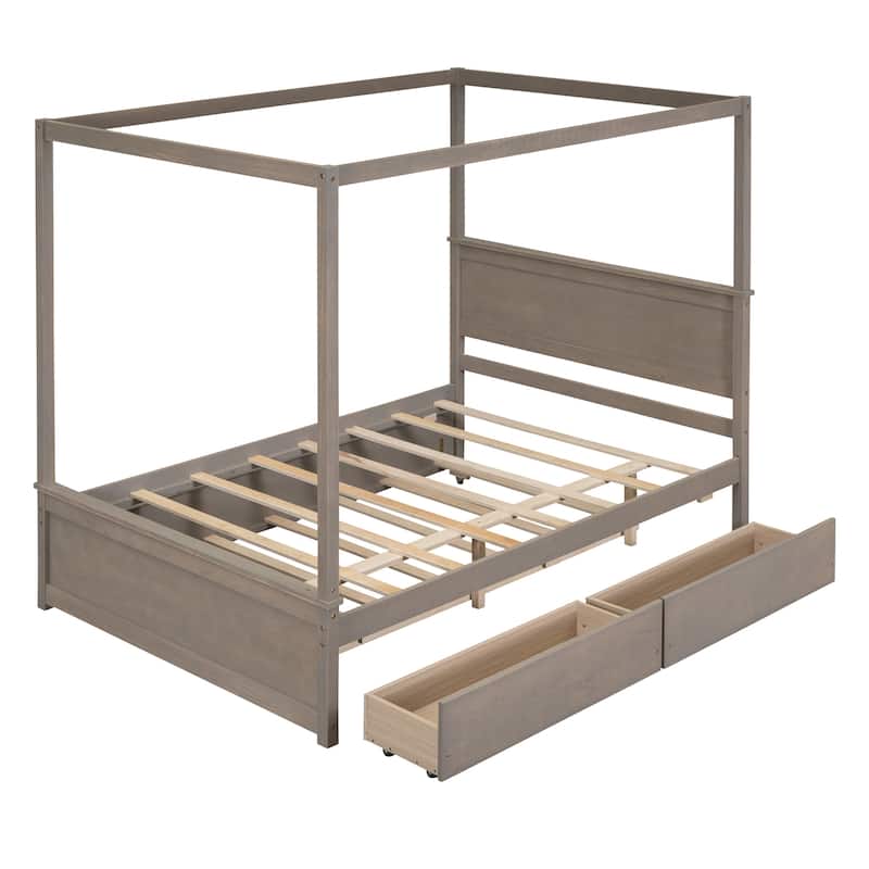 Full Size Wooden Canopy Platform Bed with Trundle Bed and 2 Drawers.