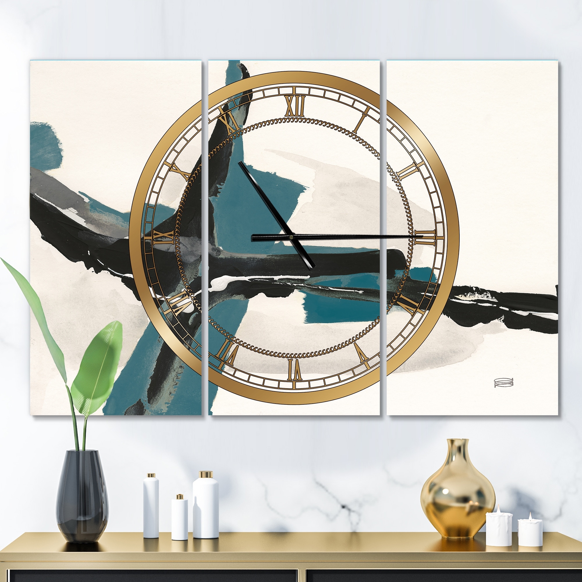 Designart 'Glam Cerulean I' Glam 3 Panels Oversized Wall CLock - 36 in. wide x 28 in. high - 3 panels