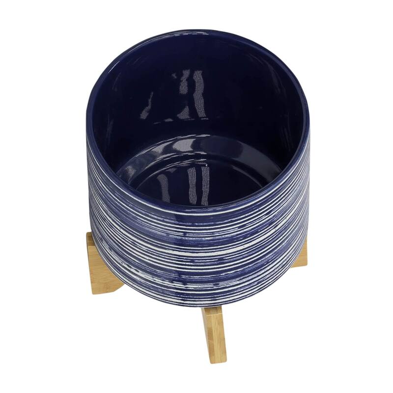 Sagebrook Home Striped Ceramic Planter with Wooden Stand Indoor/Outdoor