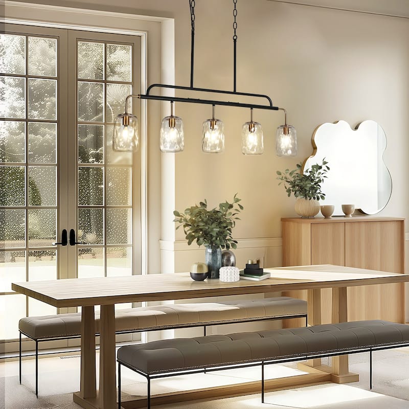 Modern 5-Light Hand-blown Glass 41" W Chandelier Gun Black Gold Kitchen Island Light - W 41.3" x D 4.3" x H 24"