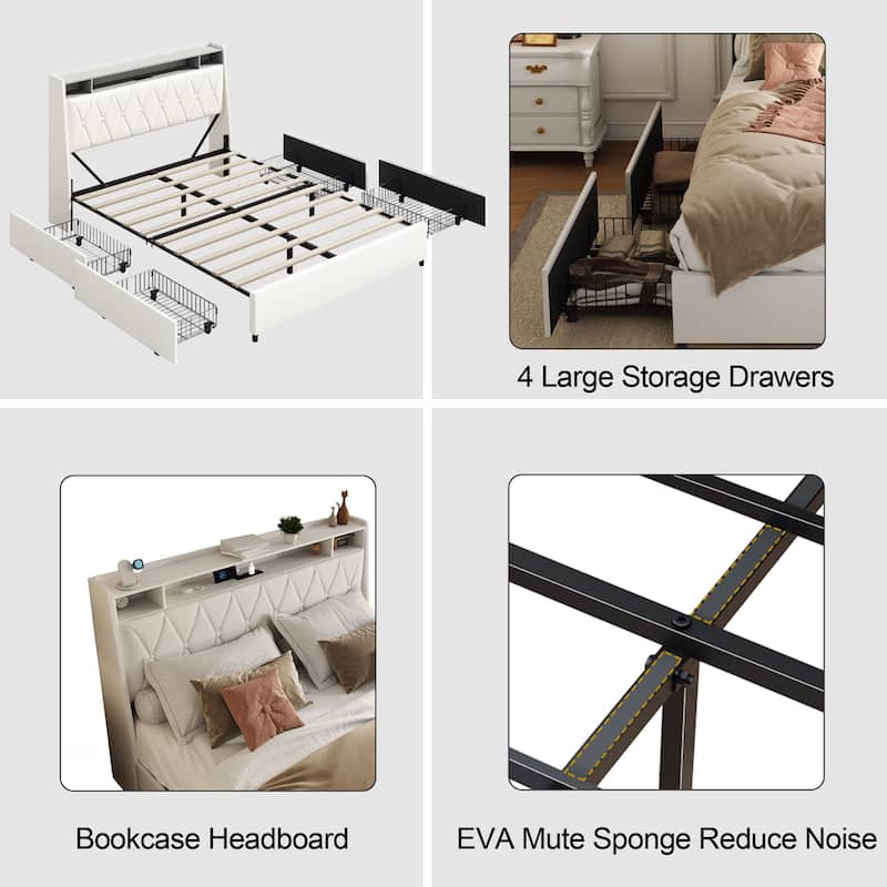 Ergonomic Upholstered Platform Bed with Drawers and Charging Station
