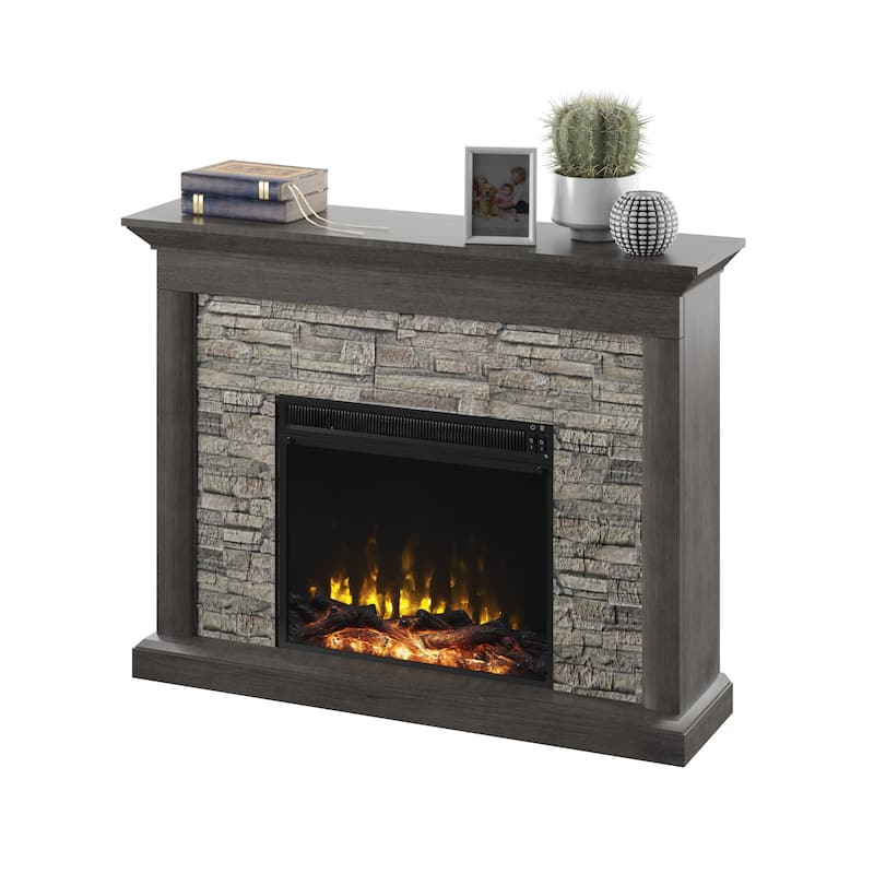 Rustic Wall Mantel Electric Fireplace with Faux Stacked Stone Surround