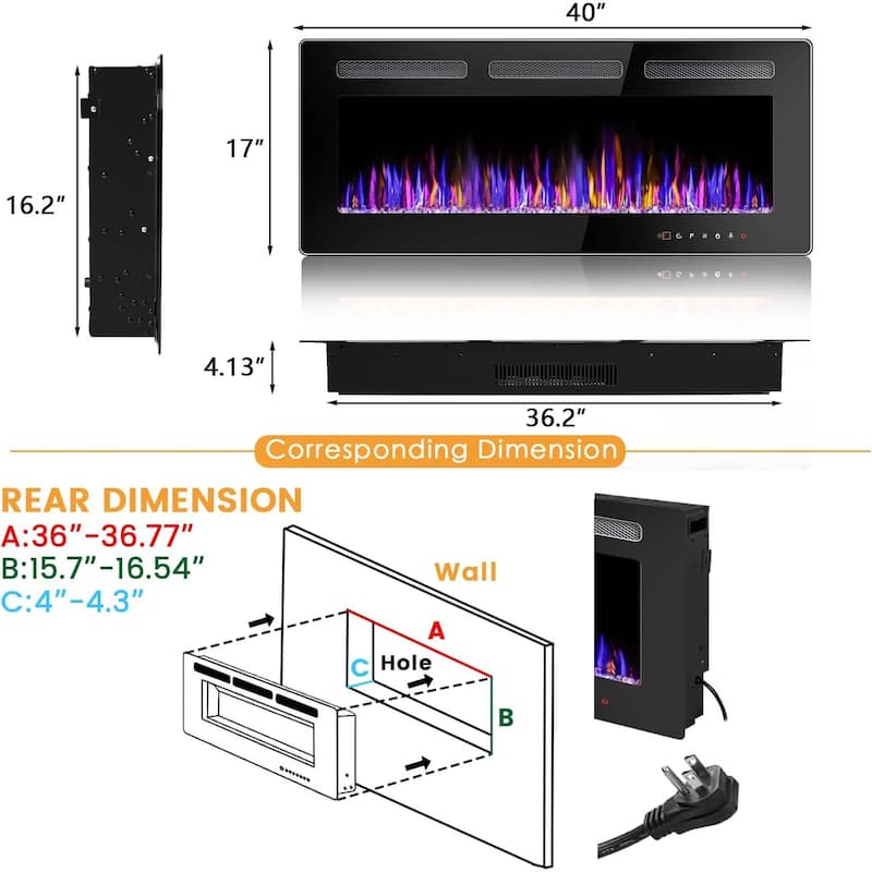BOSSIN Electric Fireplace Wall Mounted and Recessed with Remote Control, 750/1500W Ultra-Thin Wall Fireplace Heater, Low Noise
