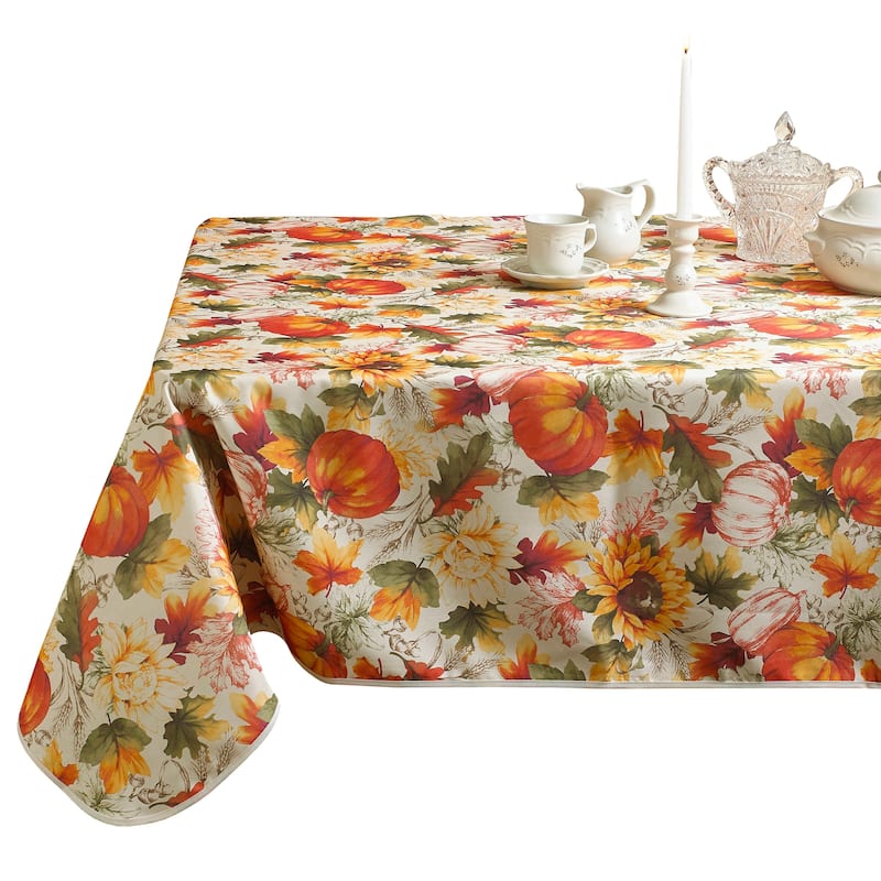 Violet Linen Fall Harvest Pumpkins Autumn Leaves Pattern Tablecloth - 60" X 102"