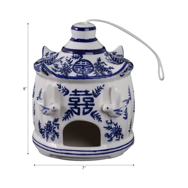 Ceramic Birdhouse Chinoiserie Floral Design Home and Garden Decor - 8" White - 7" x 7" x 8"