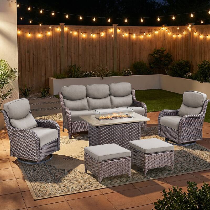 Pocassy Outdoor Fire Pit Sofa Swivel Chairs Ottoman Conversation Set - Brown Wicker Gray Cushion - 6-Piece Sofa Swivel Chair Ottoman w/ Fie Table