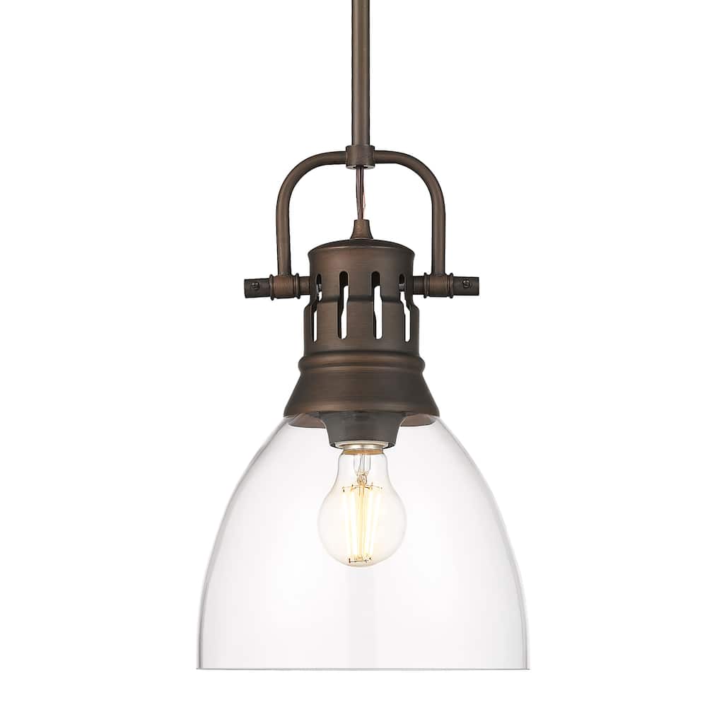 Yep by Golden Lighting Duncan 1-light 9in rod hung Pendant in Rubbed Bronze and Clear Glass