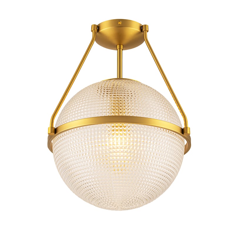 1-Light 14.17" Black/Gold Modern Textured Grid Glass Globe Semi-Flush Mount Light