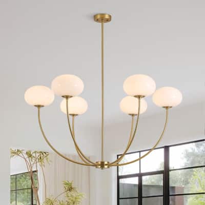Modern 6-Light Oval Globe Opal Glass Arc Metal Chandelier - 40.9 in