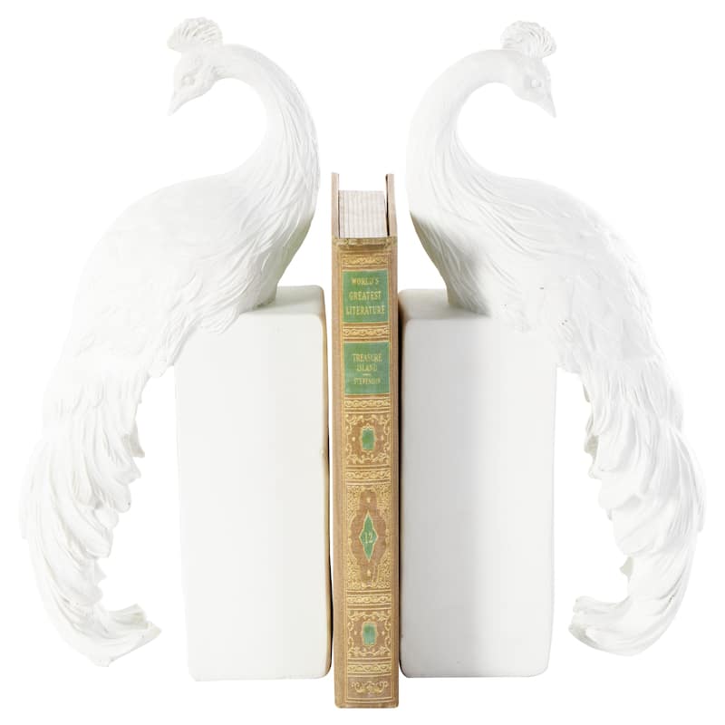 White Resin Textured Peacock Decorative Bookends with Tall Block Bases (Set of 2)